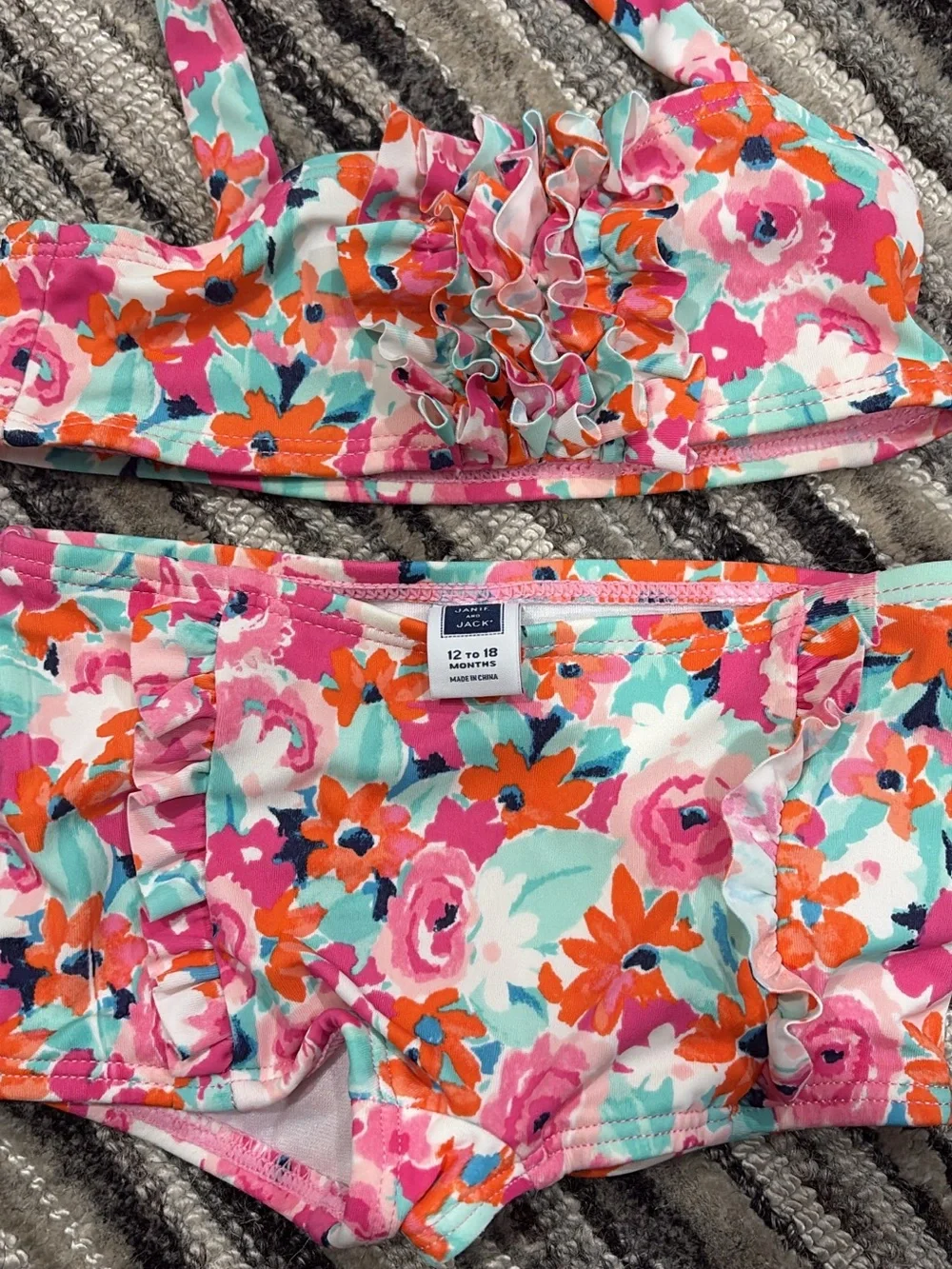 Janie and Jack Pink, Coral & Aqua Floral Ruffle Bikini Set